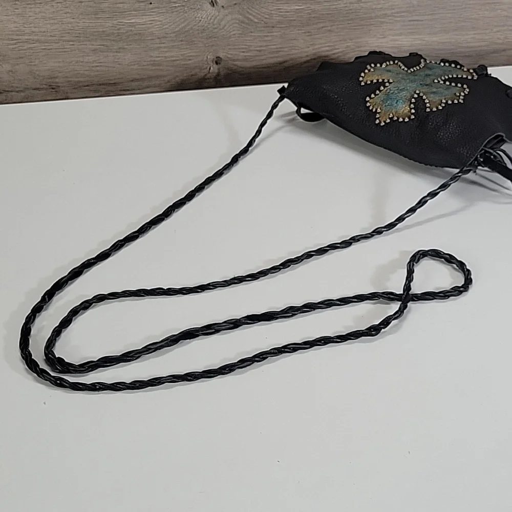 Patricia Wolf Black Studded Leather Crossbody Bag with Turquoise Cross Accent